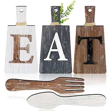 Jetec Cutting Board Eat Sign Set Hanging Art Kitchen Eat Sign Fork and Spoon Wall Decor Rustic Primi...