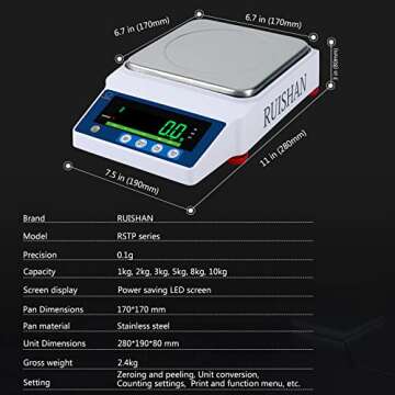 RUISHAN Digital Precision Balance 5000g x 0.1g Industrial Scale Counting Scale Scientific Scale Electronic Balance Lab Scale Precision Scale Baking Scales Calibrated Scale | .1 Gram Scale for Labs