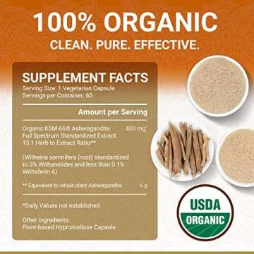 KSM-66 Ashwagandha KSM 66 Ashwagandha KSM-66 | USDA Organic Ashwagandha Supplements KSM 66 | KSM66 Ashwagandha Organic | Organic Ashwagandha Capsules | Aswagandha Vitamin | Ashwaganda | 60 Capsules