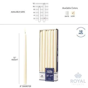 Royal Imports Unscented Taper Candles, Elegant Premium Quality, Dripless & Smokeless, Hand-Dipped Dinner Candles for Wedding, Holiday, Home Decor - 9 Hour Burn Time - Set of 12 (12 Inch, Ivory)
