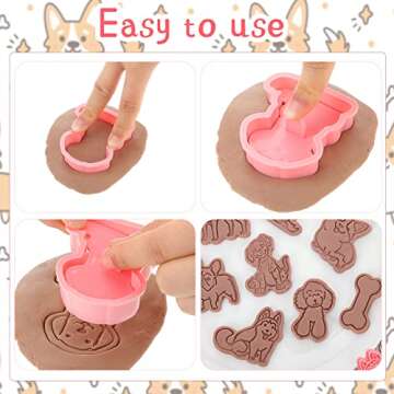 8 Pcs Dog Cookie Cutters with Plunger Stamps Set 3D Puppy Bone Shape Biscuit Funny Cartoon Stamps Stamped Embossed Dog Cookie Cutters for Treats DIY Baking Supplies(Vivid Style)