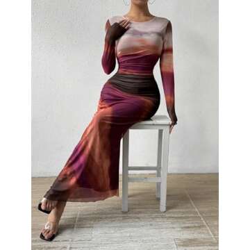 MARZXIN Womens Long Sleeve Maxi Dress Bodycon Ruched Natural Slim Fit Tie Dye Dress Cocktail Dresses Mesh Dress color162 S