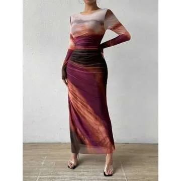 MARZXIN Womens Long Sleeve Maxi Dress Bodycon Ruched Natural Slim Fit Tie Dye Dress Cocktail Dresses Mesh Dress color162 S