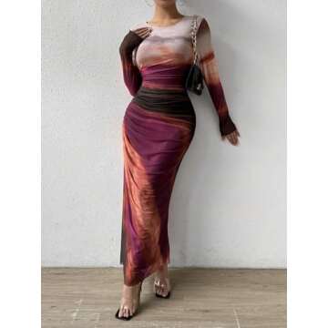 MARZXIN Womens Long Sleeve Maxi Dress Bodycon Ruched Natural Slim Fit Tie Dye Dress Cocktail Dresses Mesh Dress color162 S