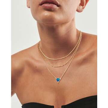 TONTMY STUDIOS Dainty Gold Necklace for Women, 14K Gold Plated Synthetics Blue Opal Necklaces Created October’s Birthstone Charm Simple Triangle Pendant Necklace Gold Jewelry for Women Trendy