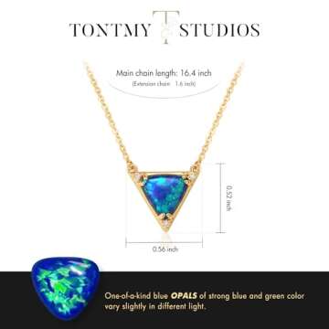 TONTMY STUDIOS Dainty Gold Necklace for Women, 14K Gold Plated Synthetics Blue Opal Necklaces Created October’s Birthstone Charm Simple Triangle Pendant Necklace Gold Jewelry for Women Trendy