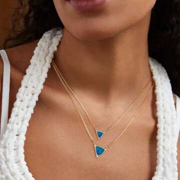 TONTMY STUDIOS Dainty Gold Necklace for Women, 14K Gold Plated Synthetics Blue Opal Necklaces Created October’s Birthstone Charm Simple Triangle Pendant Necklace Gold Jewelry for Women Trendy