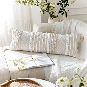 BlissBlush Cream Boho Lumbar Throw Pillow Cover 14x36