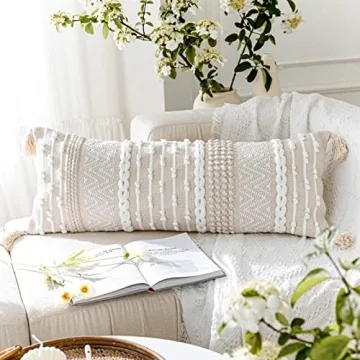 BlissBlush Cream Boho Lumbar Throw Pillow Cover 14x36