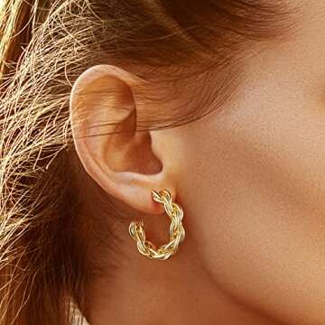 KELORIS PATH Twisted Gold Hoop Earrings for Women, White Gold Plated Chunky Twist Rope Hoops Silver Open Hypoallergenic Earring for Sensitive Ears Rose Gold Dainty Round Trendy Gifts for Girls