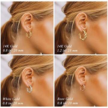 KELORIS PATH Twisted Gold Hoop Earrings for Women, White Gold Plated Chunky Twist Rope Hoops Silver Open Hypoallergenic Earring for Sensitive Ears Rose Gold Dainty Round Trendy Gifts for Girls