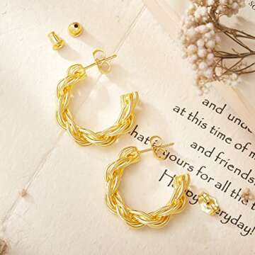 KELORIS PATH Twisted Gold Hoop Earrings for Women, White Gold Plated Chunky Twist Rope Hoops Silver Open Hypoallergenic Earring for Sensitive Ears Rose Gold Dainty Round Trendy Gifts for Girls
