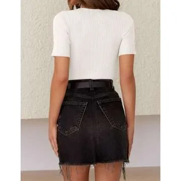 ZESICA Women's Short Sleeve Crewneck T Shirt 2025 Summer Ribbed Knit Slim Fit Basic Solid Color Tee Tops,White,Small