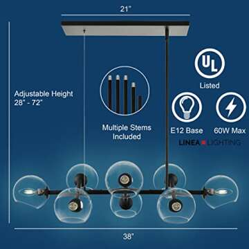 Linea di Liara Angolo 8-Light Black Dining Room Light Fixtures Over Table Rectangular Modern Globe L...