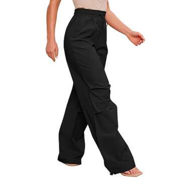 Women's Drawstring Waist Parachute Pants Wide Leg Casual Pants with Pockets Y2K Cargo Baggy Trousers
