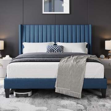 Yaheetech Queen Bed Frame Upholstered Platform Bed with Fabric Headboard, Wing Edge Design/Non-Slip and Noise-Free/Wooden Slats Support/No Box Spring Needed/Easy Assembly, Navy Blue Queen Bed