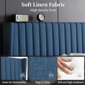 Yaheetech Queen Bed Frame Upholstered Platform Bed with Fabric Headboard, Wing Edge Design/Non-Slip and Noise-Free/Wooden Slats Support/No Box Spring Needed/Easy Assembly, Navy Blue Queen Bed