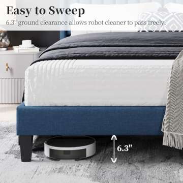 Yaheetech Queen Bed Frame Upholstered Platform Bed with Fabric Headboard, Wing Edge Design/Non-Slip and Noise-Free/Wooden Slats Support/No Box Spring Needed/Easy Assembly, Navy Blue Queen Bed
