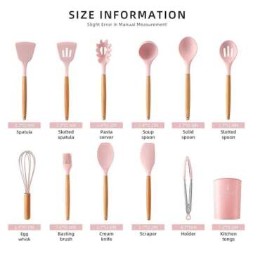 12 Pieces Of Silicone Cooking Kitchen Utensils Set, With Stand, Wooden Handle Cooking Tools, BPA Fre...