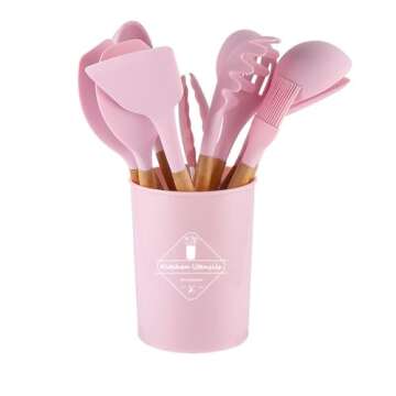 12 Pieces Of Silicone Cooking Kitchen Utensils Set, With Stand, Wooden Handle Cooking Tools, BPA Free, Non-Toxic Turner Pliers Spatula Spoon Kitchen Gadget Suit, For Non-Stick Cookware (Pink)