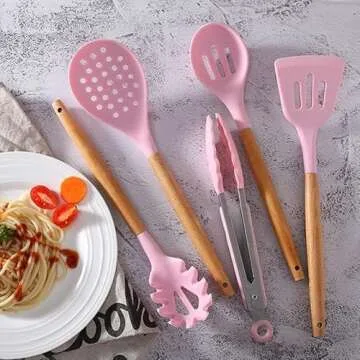 12 Pieces Of Silicone Cooking Kitchen Utensils Set, With Stand, Wooden Handle Cooking Tools, BPA Free, Non-Toxic Turner Pliers Spatula Spoon Kitchen Gadget Suit, For Non-Stick Cookware (Pink)