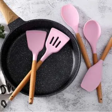 12 Pieces Of Silicone Cooking Kitchen Utensils Set, With Stand, Wooden Handle Cooking Tools, BPA Free, Non-Toxic Turner Pliers Spatula Spoon Kitchen Gadget Suit, For Non-Stick Cookware (Pink)