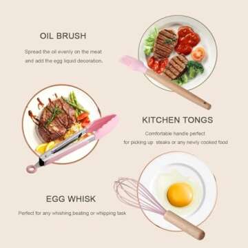 12 Pieces Of Silicone Cooking Kitchen Utensils Set, With Stand, Wooden Handle Cooking Tools, BPA Free, Non-Toxic Turner Pliers Spatula Spoon Kitchen Gadget Suit, For Non-Stick Cookware (Pink)