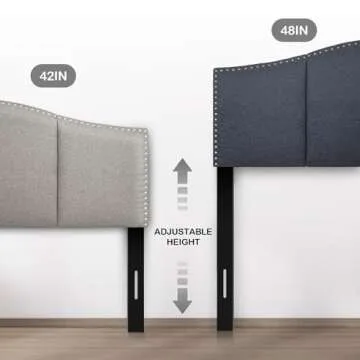 Finnhomy Linen Fabric Upholstered Queen Size Headboard with Nailheads Trim Platform, Adjustable Height Head Board, Dark Gray