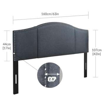 Finnhomy Linen Fabric Upholstered Queen Size Headboard with Nailheads Trim Platform, Adjustable Height Head Board, Dark Gray