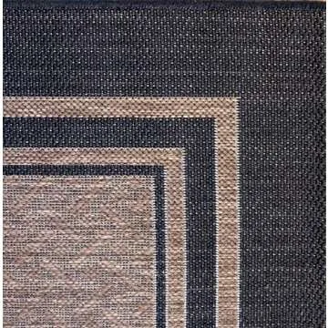 Gertmenian Indoor Outdoor Classic Flatweave Area Rug, Stain & UV Resistant Carpet, Deck, Patio, Poolside & Mudroom, 9x13 Ft Extra Large, Simple Border, Black Tan, 22012