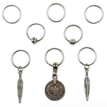 Hyamass 40pcs Antique Silver Ring Feather Coin Bead Charms Pendant Braid Hair Clip Headband Hair Acc...