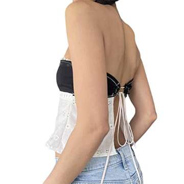 NZNDSHD Women Summer Y2k Sleeveless Tube Tops Off-Shoulder Backless Crop Bandeau Tops Sexy Strapless Vest Shirt Streetwear (I-Lace Patchwork Black, M)
