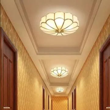 MIXL- Mid Century Brass Flush Mount Ceiling Light,LED Antique Brass Light Fixture, Modern Frosted Glass Ceiling Lamps for Living Room, Close to Ceiling Light Decorative for Bedroom(13.77" W)