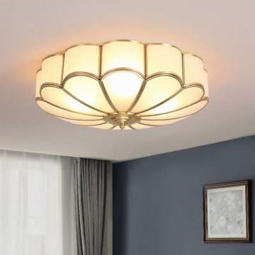MIXL- Mid Century Brass Flush Mount Ceiling Light,LED Antique Brass Light Fixture, Modern Frosted Glass Ceiling Lamps for Living Room, Close to Ceiling Light Decorative for Bedroom(13.77" W)