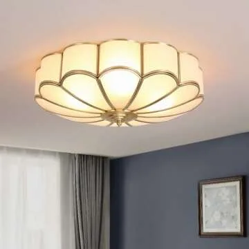 MIXL- Mid Century Brass Flush Mount Ceiling Light,LED Antique Brass Light Fixture, Modern Frosted Glass Ceiling Lamps for Living Room, Close to Ceiling Light Decorative for Bedroom(13.77" W)