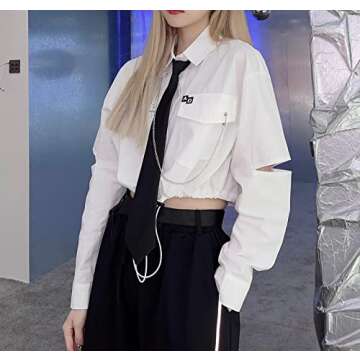 GAI Women's Alt Emo Button Down Shirt Gothic Blouse Techwear Dark Academia Preppy Clothes Aesthetic Japanese Harajuku Streetwear (S,B)