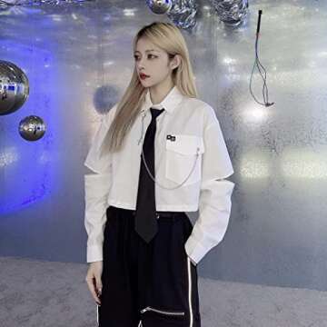 GAI Women's Alt Emo Button Down Shirt Gothic Blouse Techwear Dark Academia Preppy Clothes Aesthetic Japanese Harajuku Streetwear (S,B)