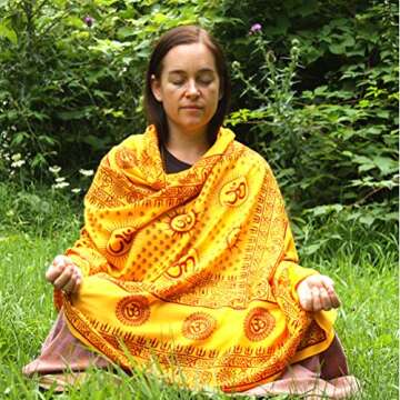 Prabhuji's Gifts Yoga Meditation Prayer Shawl - Mantra Om Yoga Meditation Shawl - Meditation Shawl Wraps for Women and Men - Prayer Shawl - Meditation Accessories - (Yellow, Large)