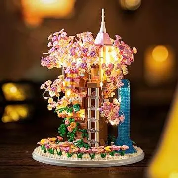 Insgen Cherry Blossom Bonsai Tree House Building Flowers Set for Adults, 1382 Pcs Micro-Particle Ideas Sakura Tree Building Blocks, Complete with String Lights, Dust Cover, and Wooden Base