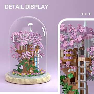 Insgen Cherry Blossom Bonsai Tree House Building Flowers Set for Adults, 1382 Pcs Micro-Particle Ideas Sakura Tree Building Blocks, Complete with String Lights, Dust Cover, and Wooden Base