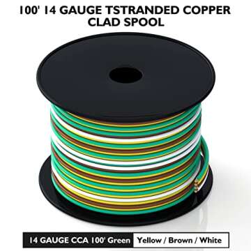 DOAUTO 100Foot Bonded 4-Way Trailer RV Camper Towing Boat Wiring Harness Wire Spool, Primary 4-Wire 14 Gauge CCA Trailer RV Wire, Ideal for All Basic Wiring Needs(Green, Yellow, Brown, White)