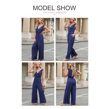 BLENCOT Jumpsuits For Women Sleeveless Casual V Neck Summer Long Romper Backless Loose Fit 2024 Knit Work Spring Outfits With Pocket Blue XX-Large