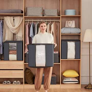 Lifewit Clothes Storage Bag 90L Large Capacity Organizer with Reinforced Handle Thick Fabric for Comforters, Blankets, Bedding, Foldable with Sturdy Zipper, Clear Window, 3 Pack, Grey