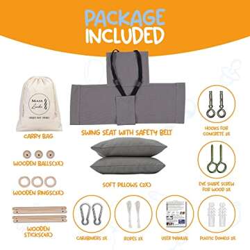 Mass Lumber Indoor Outdoor Baby Swing with 3-Point Harness and Hardware for Ceiling, Porch, Doorway, Canvas Baby Swing Outdoor Toddler Swing Seat Dark Gray