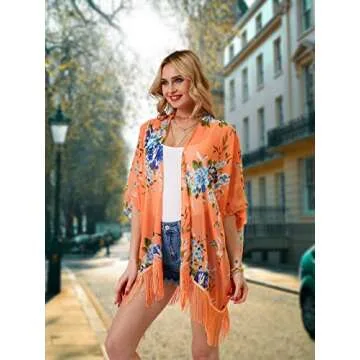 Women's Floral Kimono Cover Up Lightweight Leopard Chiffon Beachwear for Bikini Bathing Suit Cardigan and Swimwear(One Size,Orange)