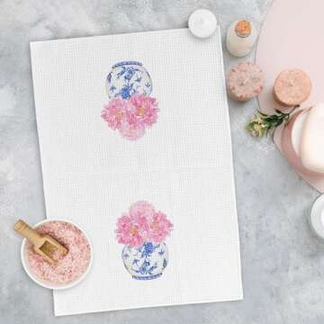 Yorhifa Chinoiserie Decor, Pink Chinoiserie Kitchen Towels Set of 2, Blue and White Porcelain Hand T...