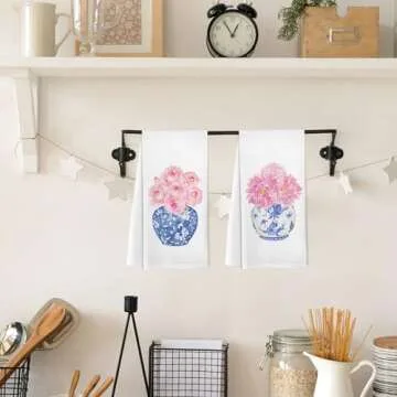 Yorhifa Chinoiserie Decor, Pink Chinoiserie Kitchen Towels Set of 2, Blue and White Porcelain Hand Towel Tea Towel for Kitchen Decor, Preppy Flower Blue and White Kitchen Decor for Bathroom 16x24inch