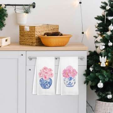Yorhifa Chinoiserie Decor, Pink Chinoiserie Kitchen Towels Set of 2, Blue and White Porcelain Hand Towel Tea Towel for Kitchen Decor, Preppy Flower Blue and White Kitchen Decor for Bathroom 16x24inch