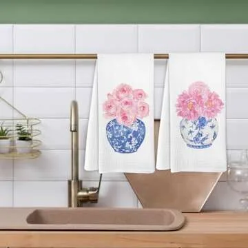 Yorhifa Chinoiserie Decor, Pink Chinoiserie Kitchen Towels Set of 2, Blue and White Porcelain Hand Towel Tea Towel for Kitchen Decor, Preppy Flower Blue and White Kitchen Decor for Bathroom 16x24inch