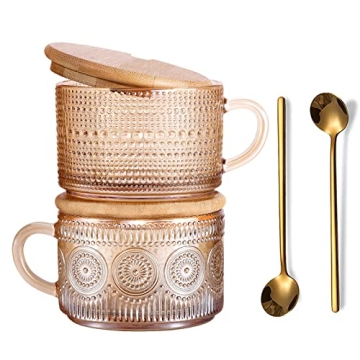 JVJRFQ Vintage Glass Coffee Mugs Set of 2 with Bamboo Lids and Spoons for Tea and Coffee